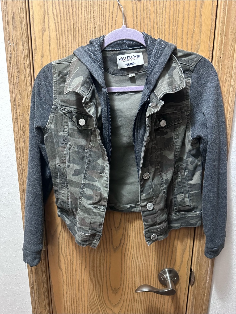 Wallflower Womens Camo Jean Jacket with Gray Hoodie Sleeves
